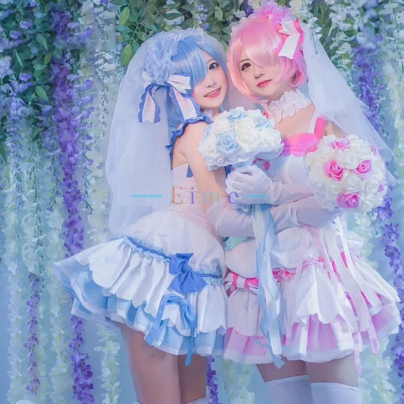 Anime Cosplay Rem - アニメ再: 別の世界での生活ラムレムコスプレ衣装女性かわいいドレスベール結婚式のスーツハロウィンカーニバル衣装