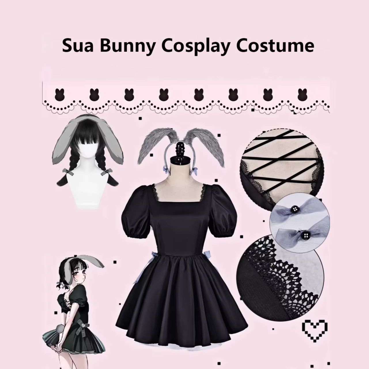 Anime Cosplay Cafe - エイリアンステージ スア 3周年記念 ラビットカフェ風バニーガールコスプレ衣装、黒レースパフスリーブドレスセット、ハロウィンコスチューム