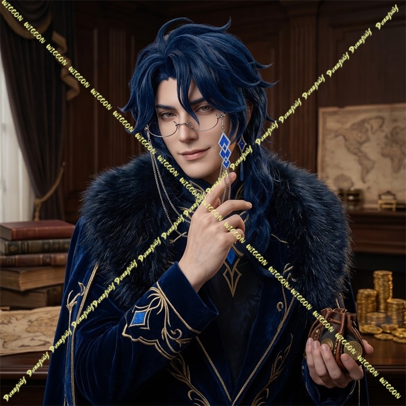 Anime Cosplay Glasses - ゲーム原神（Genshin Impact）パントアーノコスプレウィッグ男性用黒髪レグラトールパントアーノコスプレメガネウィッグフリーキャップハロウィンパーティーコスプレ