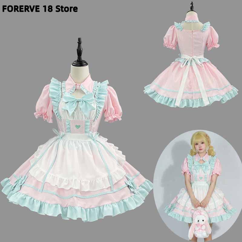 Anime Cosplay Shop - プラスサイズ甘いかわいいスタイルロリータメイドドレスコスプレ衣装ピンクブルーガールパーティーコーヒーショップ衣装アニメウェイトレス服