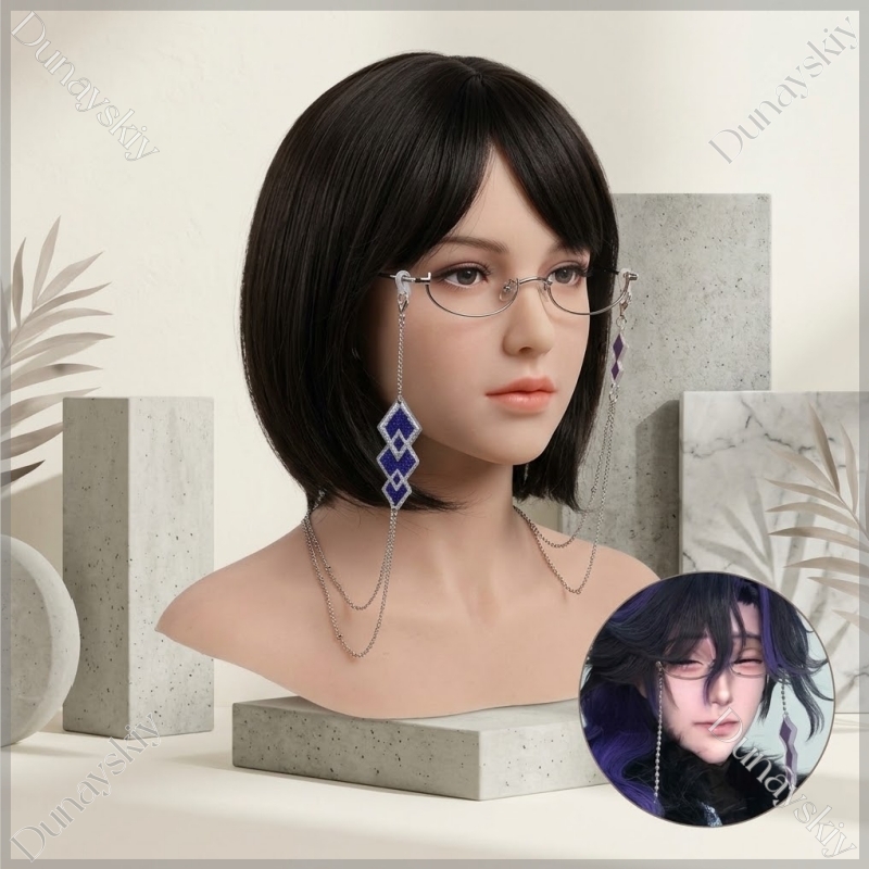 Anime Cosplay Glasses - 原神 パンタローネ ハーフリムメガネ ロングタッセルチェーン コスプレ小道具 ハーフフレーム