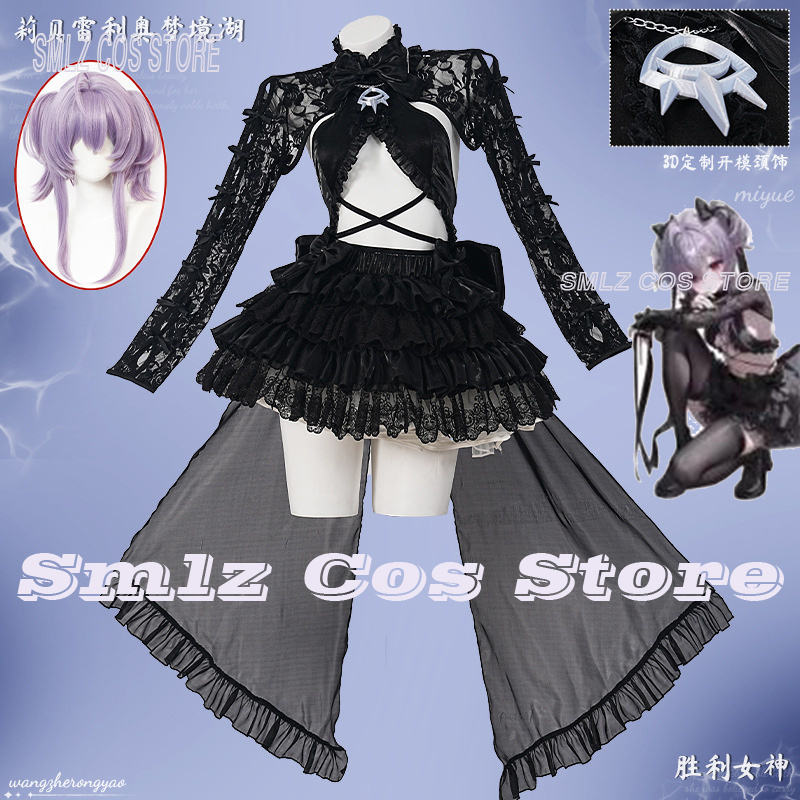 Cosplay Anime Black - リベラリオコスプレゲーム女神ニッケ衣装女性クラゲ黒セクシーなレーストップスカート衣装セットハロウィンパーティープレイ