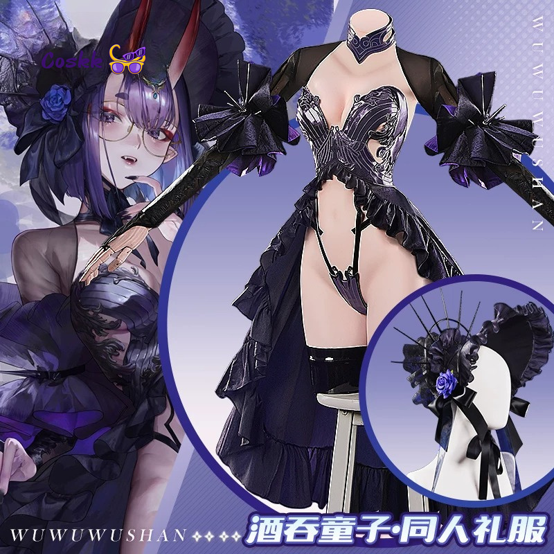 Cosplay Anime Black - 新しい酒呑童子コスプレゲーム運命/グランドオーダーコスチュームハロウィンクリスマスロールプレイング女性セクシーな黒いドレス帽子小道具