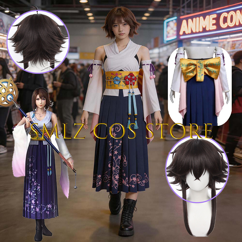 Anime Cosplay Wigs - Smlz FFX ユナコスプレアニメ FF10 X 衣装女性あなたナ着物ドレス小道具ウィッグセットハロウィンパーティー演劇衣装