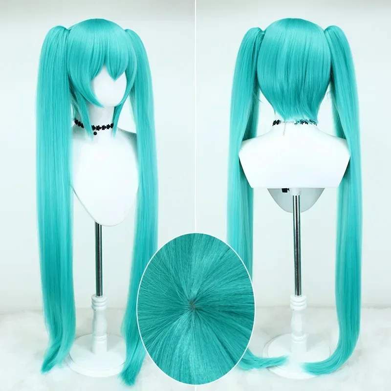 Anime Cosplay Blue Hair - 2026 ミク コスプレウィッグ 105 センチメートルロングブルーグリーンダブルポニーテール合成繊維髪アニメハロウィンクリスマスパーティー用