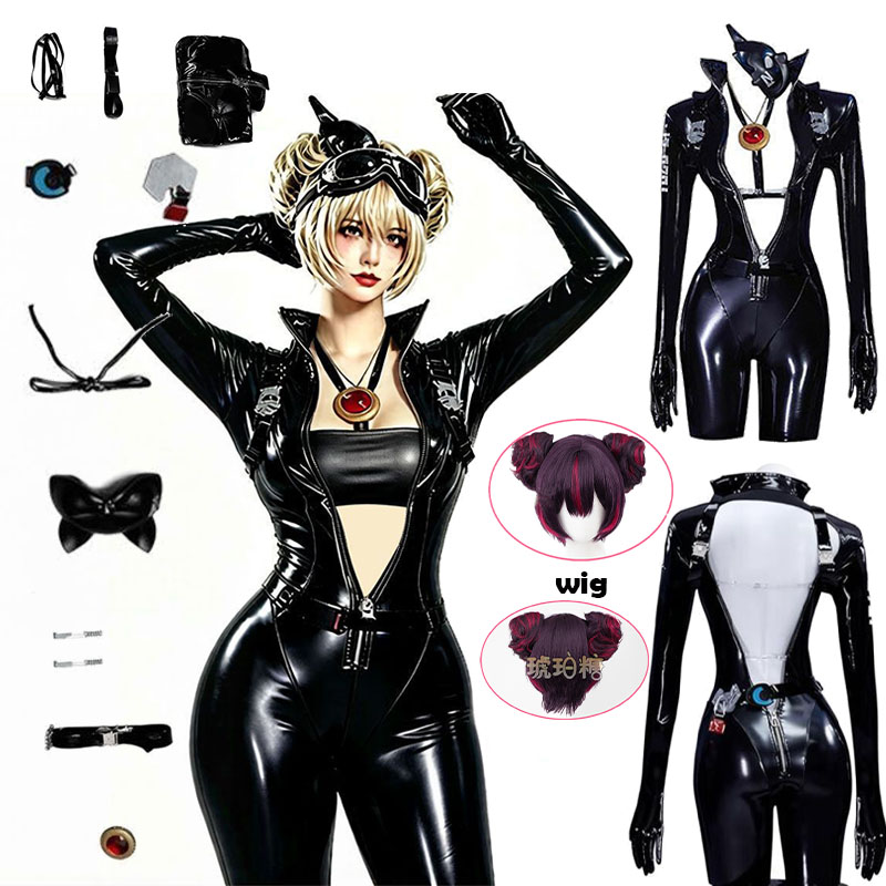 Cosplay Anime Black - WHH アニメニッケクエンシーコスプレ衣装黒のボディスーツマスクベルト付き素敵なステッチコスプレ衣装女性ロールプレイパーティー