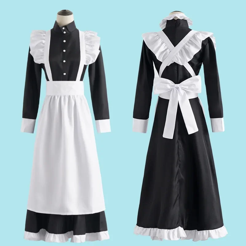 Anime Cosplay Shop - クラシックブラックホワイトメイド英国スタイルパールスレッドロングコーヒーショップメイドドレスホームホリデーコスプレ男性の女性の服