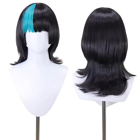 Anime Cosplay Blue Hair - アニメキララ星ウィッグ青と黒のミディアムカーリーヘア前髪付きパーティーハロウィンコスプレ小道具アクセサリー