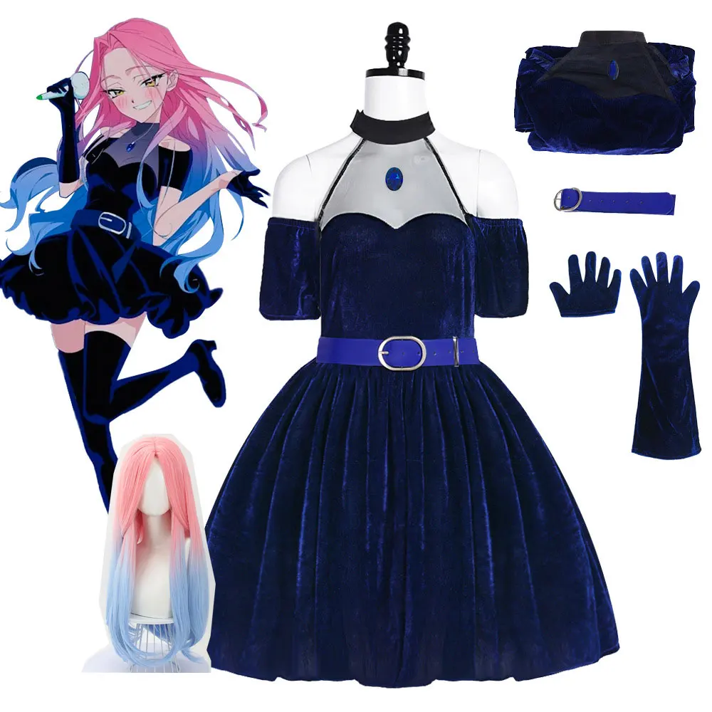 Anime Cosplay Blue Hair - アニメエイリアンステージミジスアコスプレ衣装ダークブルードレスヘアグローブストッキングベルトセット制服クリスマス用