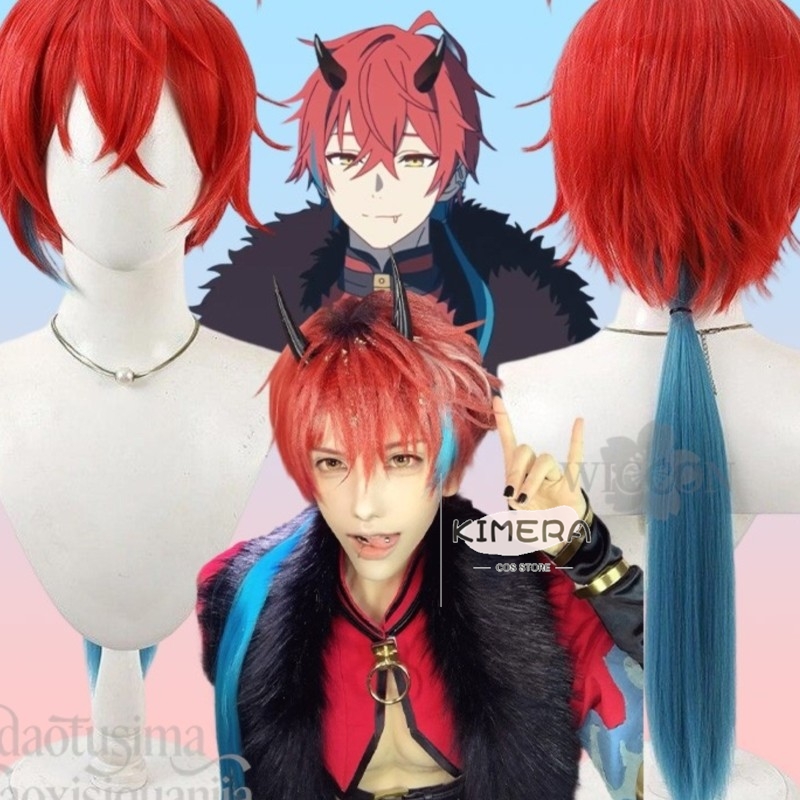 Anime Cosplay Blue Hair - キメラストア アニメ姫カグヤ！ コスプレミカドアキラショートレッドウィッグブルーローポニーテールファッションY2K人工毛ハロウィンC