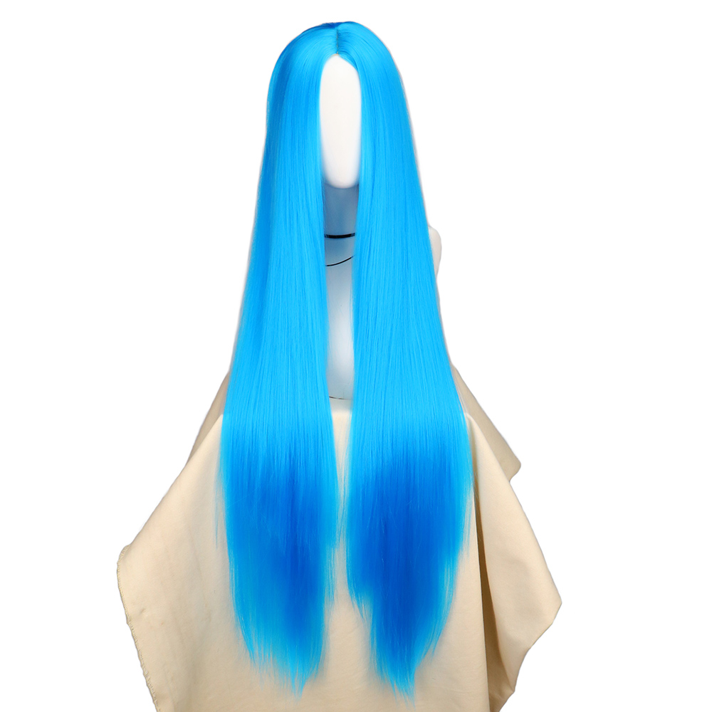 Anime Cosplay Blue Hair - QQXCAIW コスプレ 100 センチメートルロングブルー人工毛ウィッグハロウィンアニメ衣装ストレート耐熱ウィッグジンクス