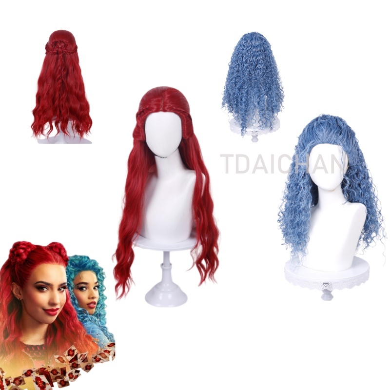 カーリーコスプレウィッグレッドプリンセスハートヘアスタイルク - Anime Cosplay Blue Hair のレビューと価格