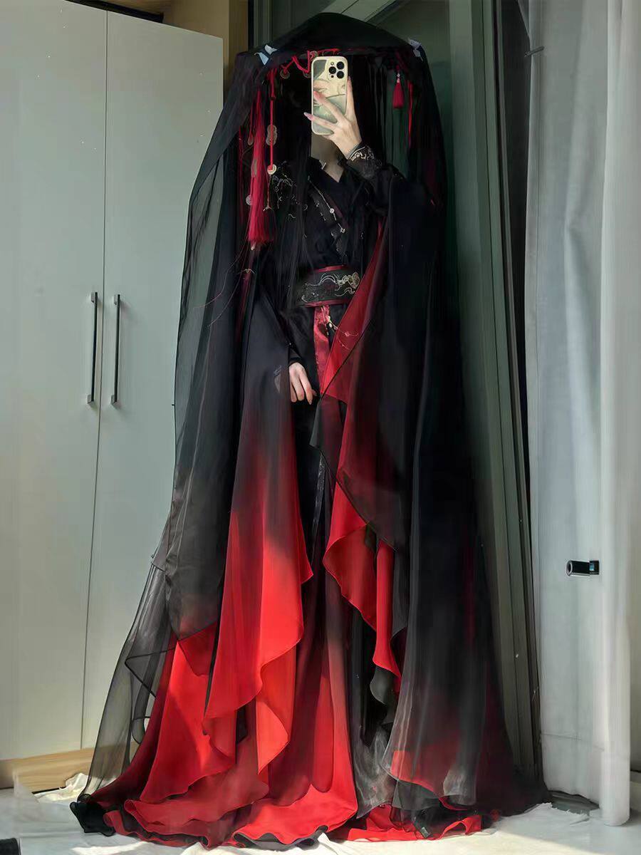 ユニセックス古代中国仙侠ローブ4点セット、黒赤グラデーション - Cosplay Anime Black のレビューと価格
