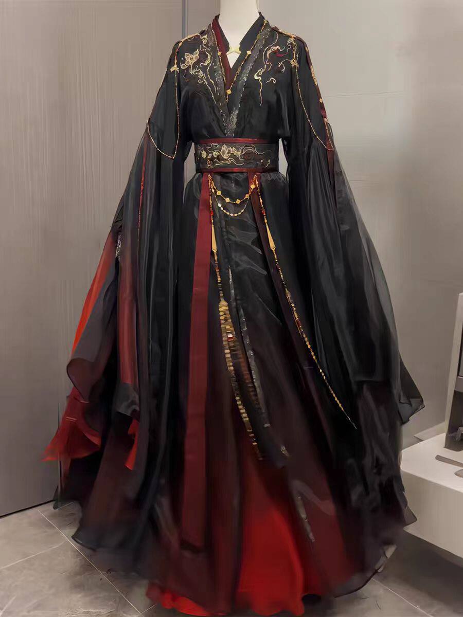 ユニセックス古代中国仙侠ローブ4点セット、黒赤グラデーション - Cosplay Anime Black のレビューと価格