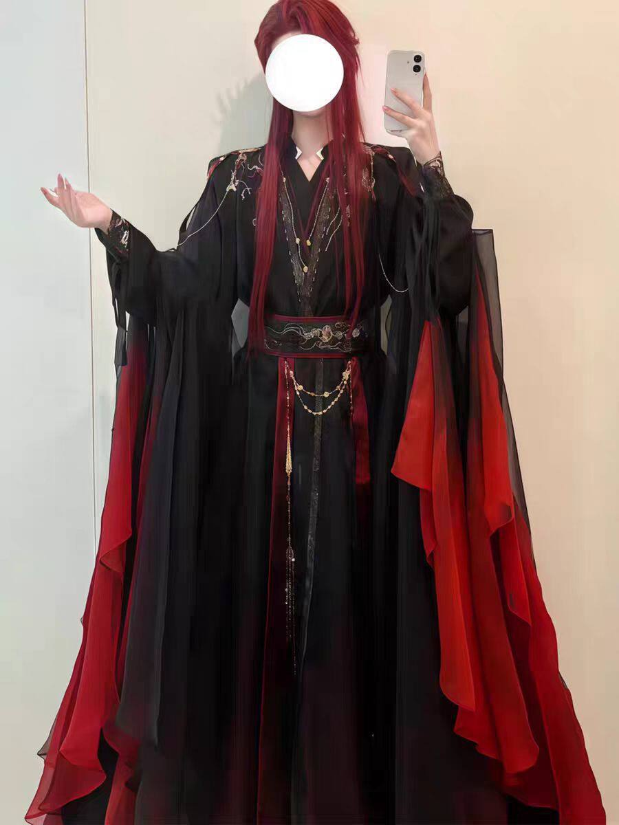ユニセックス古代中国仙侠ローブ4点セット、黒赤グラデーション - Cosplay Anime Black のレビューと価格