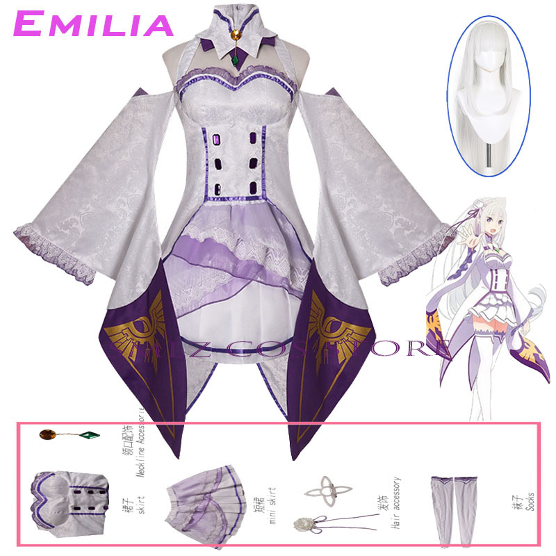 エミリアコスプレアニメ再ゼロカラハジメル異世界生活衣装白制服 - Anime Cosplay Wigs のレビューと価格